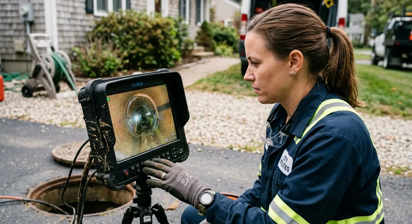 Technician reviewing sewer camera inspection footage in Leander