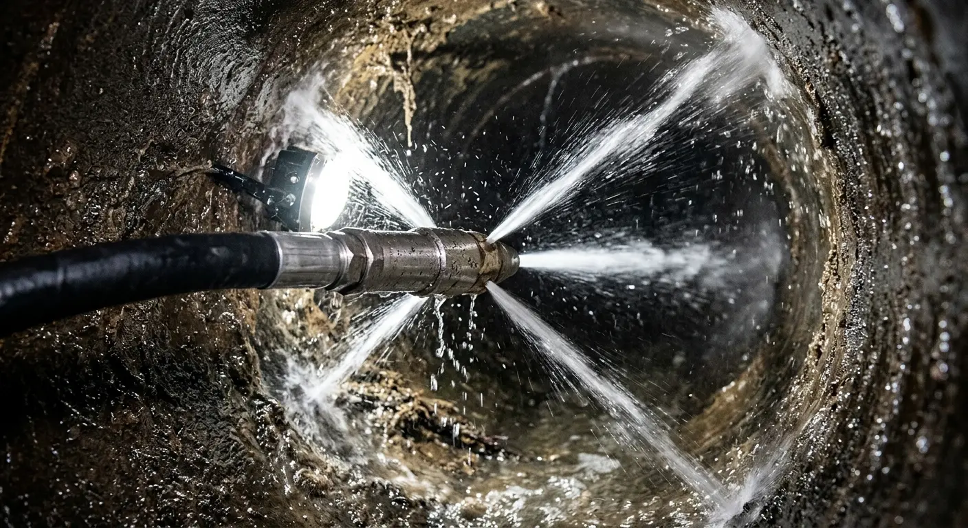 High-pressure hydro jetting nozzle cleaning sewer pipe for Emergency Drain Service in Leander