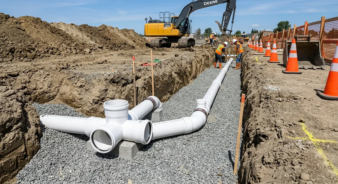 New PVC sewer pipe installation in open trench for Sewer Backup in Leander
