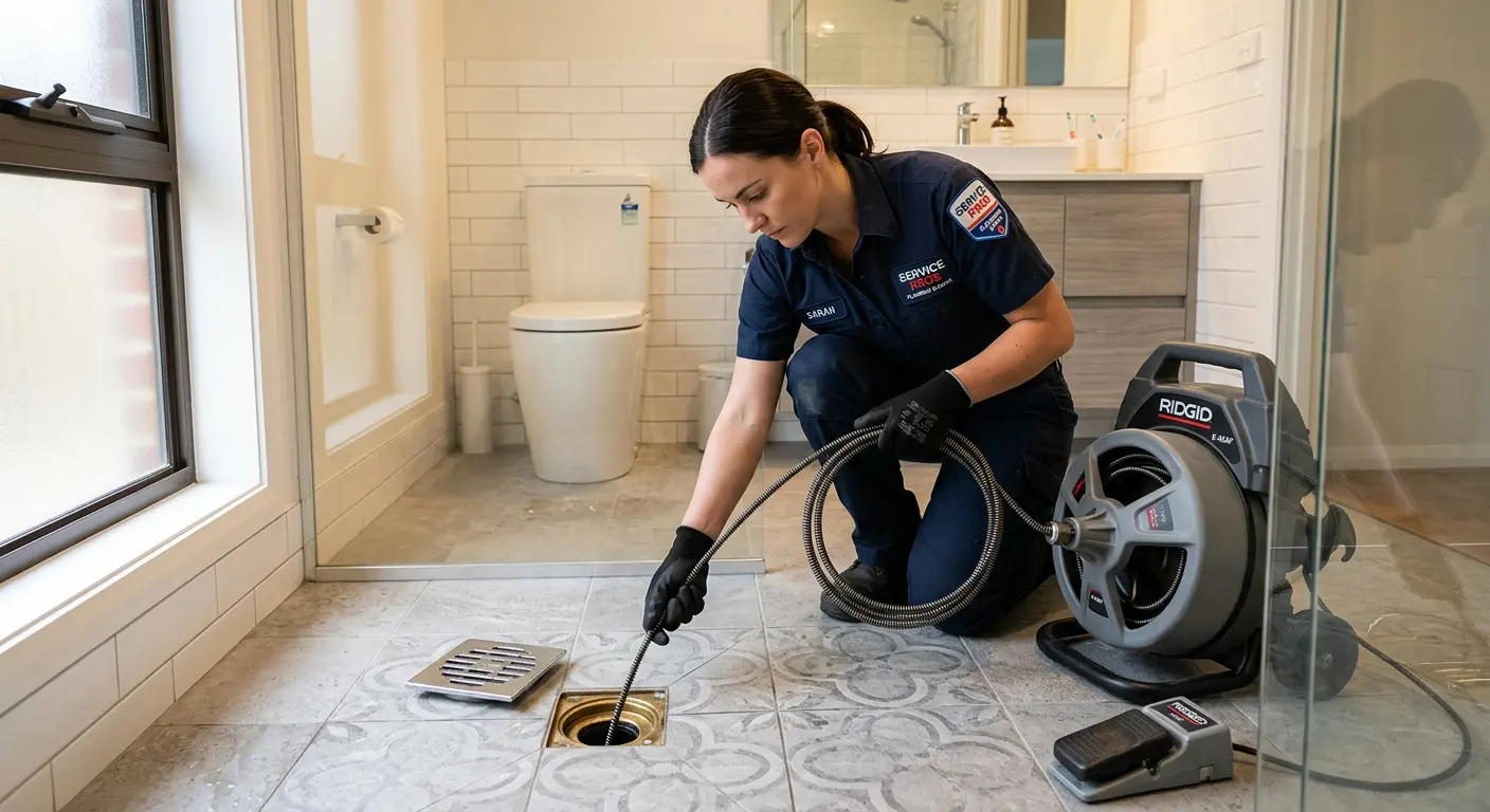 Technician clearing a bathroom floor drain for Sewer Line Replacement in Leander